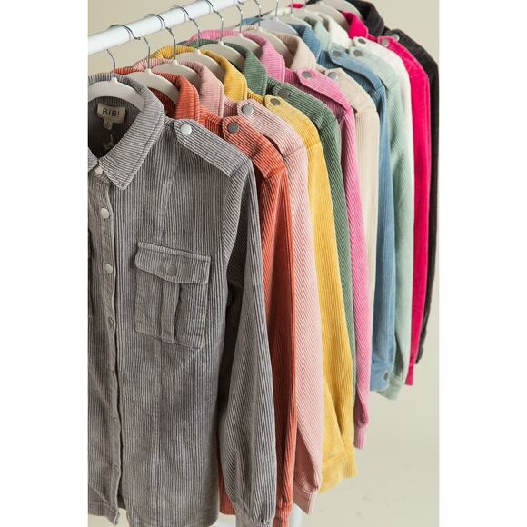 BiBi Button Up Long Sleeves Chest Pockets Relaxed Fit Corduroy Shacket | Grey - Picture 8 of 9